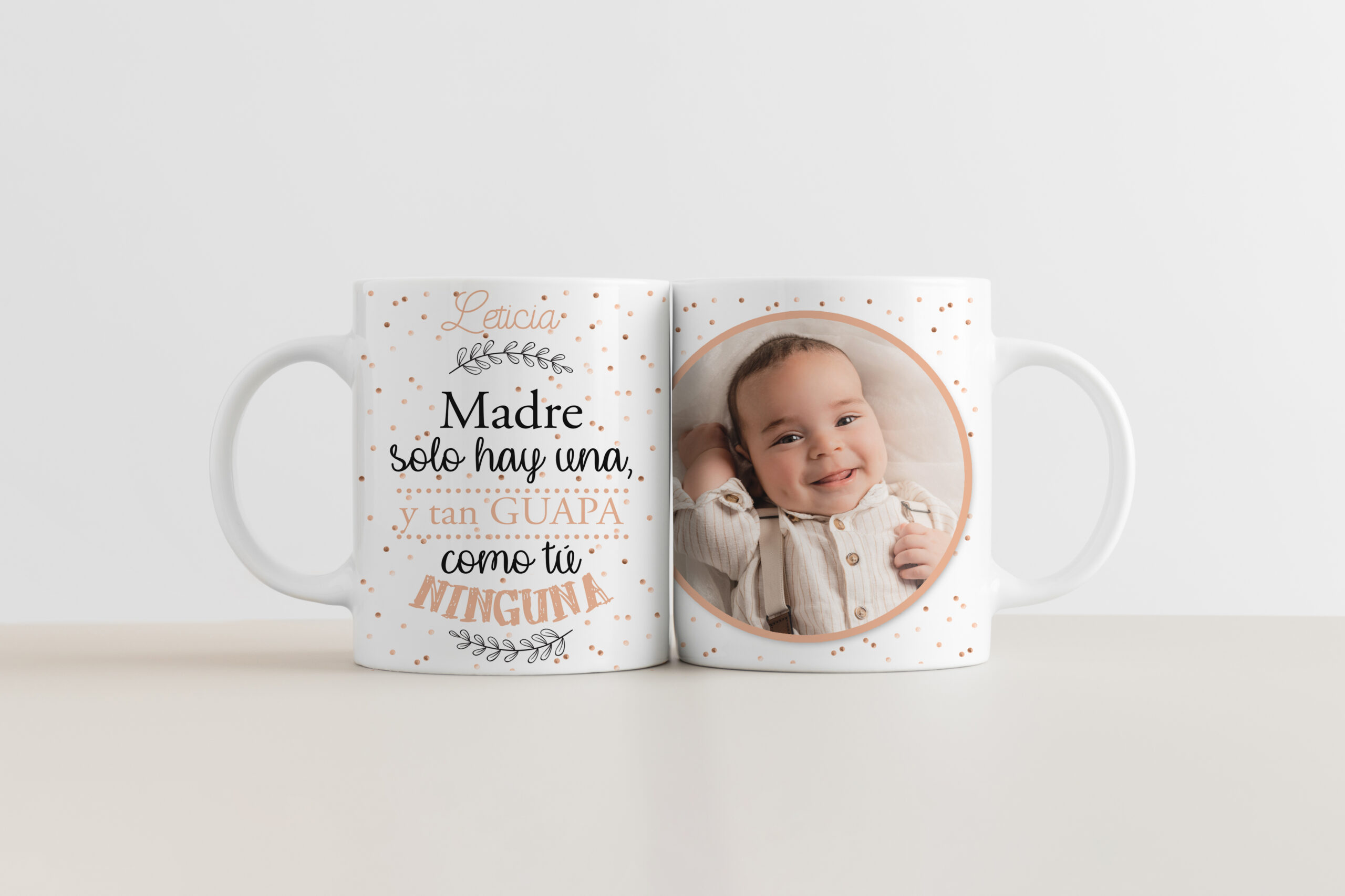 Two White Mugs Mockup With A Gypsophila In A Vase On A Beige Tab