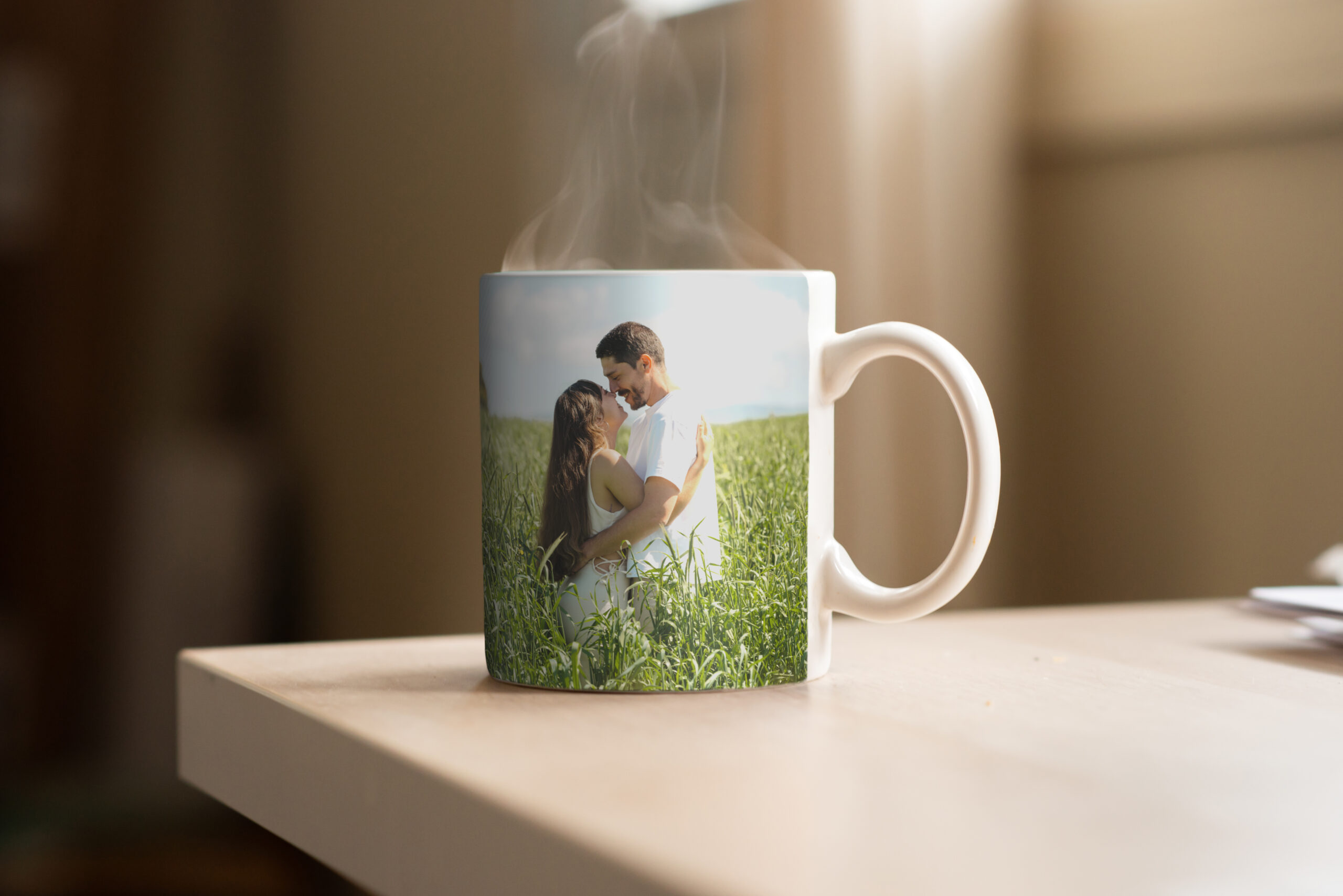 Closeup Of A Hot Drink In A White Cup With Colorful Stripes On The Table Under The Lights
